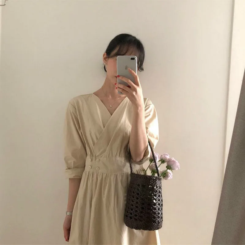 

Long Women Summer Vintage Dress V-neck A-line Vestidos with Buttons Jurken Bodycon Casual Robe Femme Sukienki Vestiti Donna