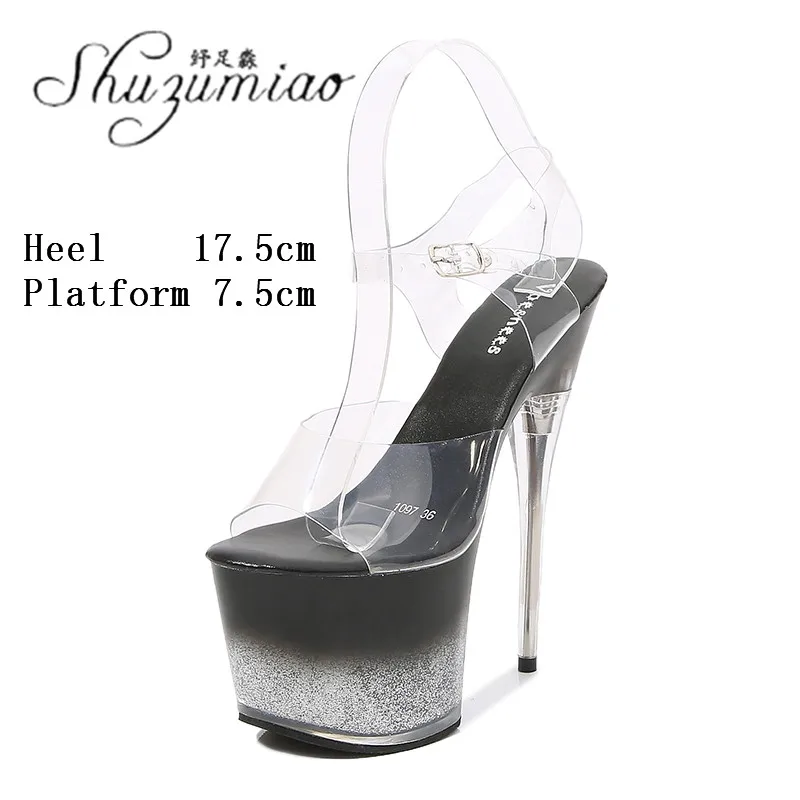 

Summer 2021 New Pole Dance Shoes Women Sexy Nightclub Clear Crystal Platform 18 CM Thin Heels Catwalk T Stage Show Model Sandals