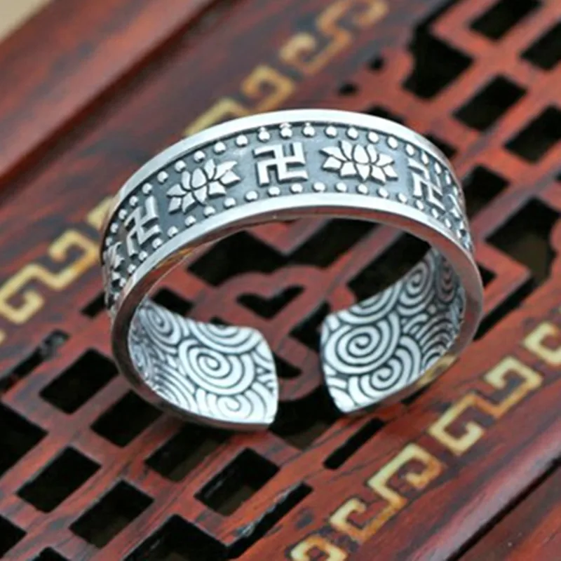 925 Чистое серебро ручной резной узор лотоса Ретро Индивидуальность тренд кольцо