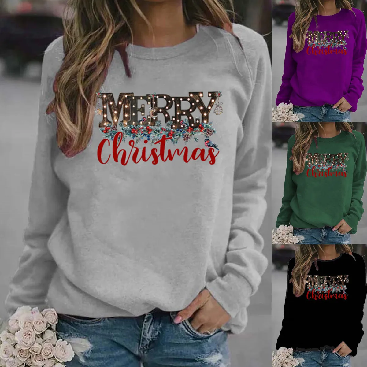 

Женская толстовка с капюшоном, Рождественская Толстовка с цветочным принтом, Женская флисовая Свободная Толстовка с длинным рукавом и круг...