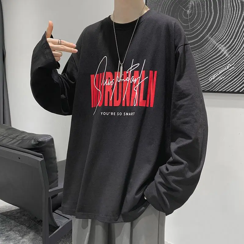 

Autumn alphabet printed long sleeve t-shirt men's loose bottomed shirt Korean fashion casual round neck student trend versatile