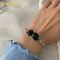 qmcoco korean woman 925 silver vintage do old green stone bracelet woman fashion elegant temperament adjustable hand accessories