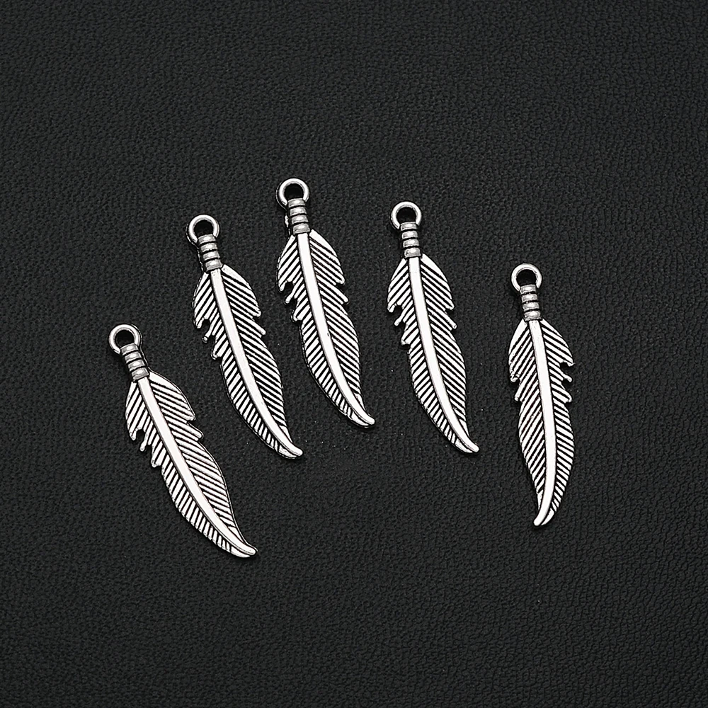 

30PCS/Lots 7x27mm Antique Silver Plated Dream Catcher Feathers Charms Leaf Pendants Creative Jewelry Making Parts Hand Made