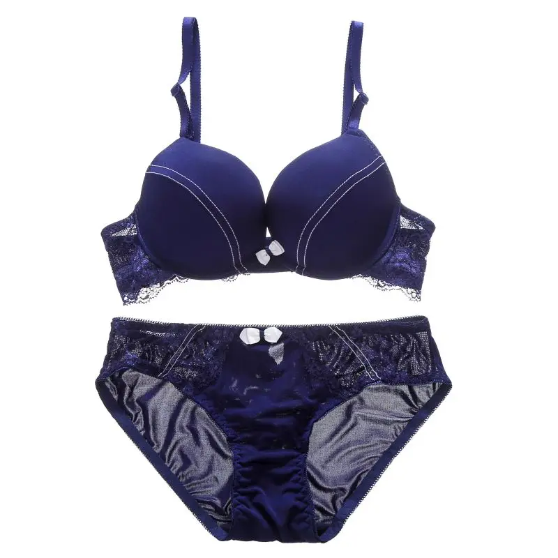 

Комплект кружевного нижнего белья, модный однотонный регулируемый бюстгальтер со сборкой из гладкой стали и трусики с бантом, костюм нижне...