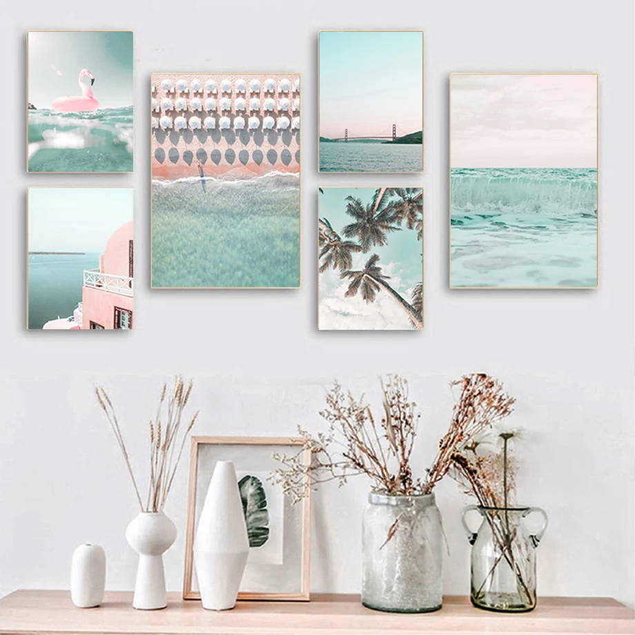 

Flamingo Coconut Tree Bridge Ocean Beach Waves Nordic Posters And Prints Wall Art Canvas Painting Wall Pictures For Living Room