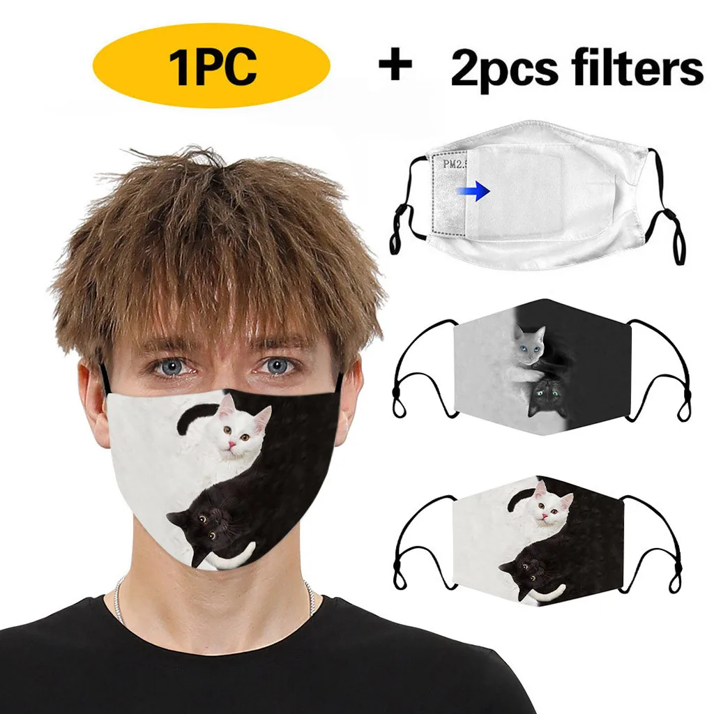 

1pcs Mask + 2pcs Filters Reusable Unisex Washable Cosplay Masks Cute Cat Printed Cartoon Cosplay Costume Accessories Mascarillas