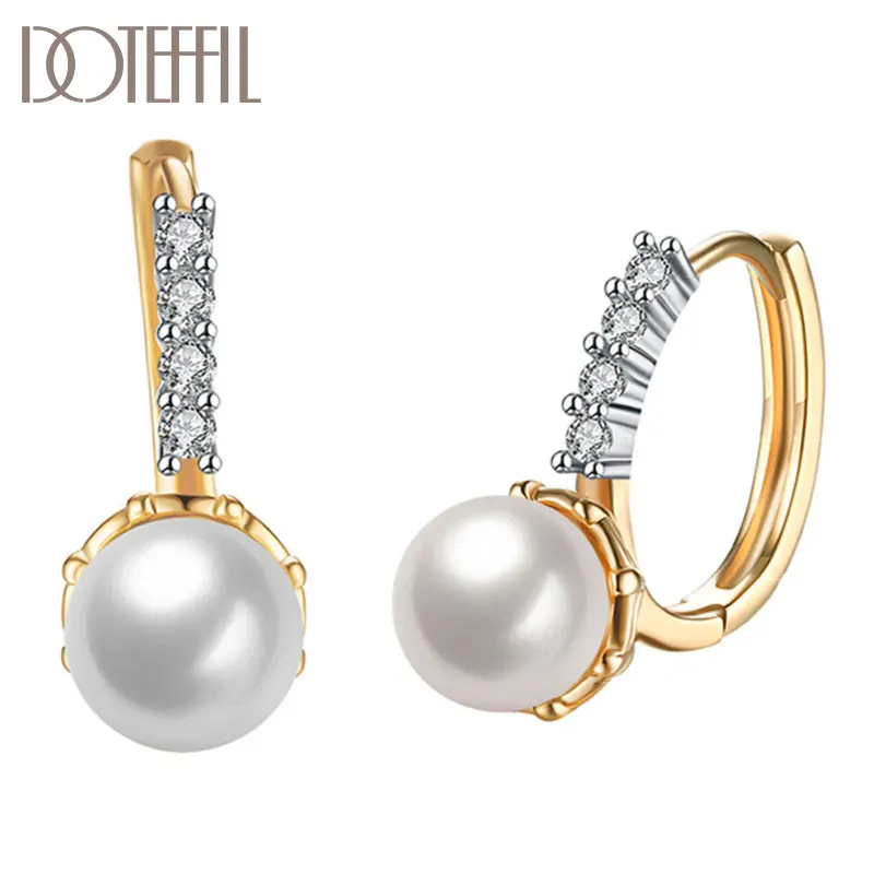 

DOTEFFIL 925 Sterling Silver AAA Zircon 18K Gold Classic Pearl Earrings For Women Jewelry Fashion Wedding Engagement Party Gift