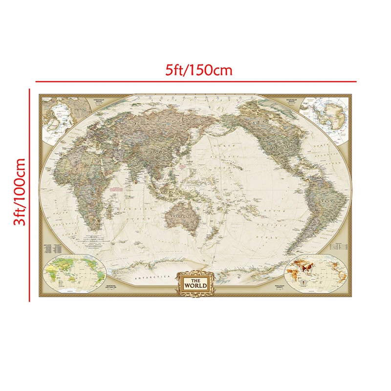 Винтажная карта мира 150x100 см Нетканая Картина на холсте Ретро настенный плакат