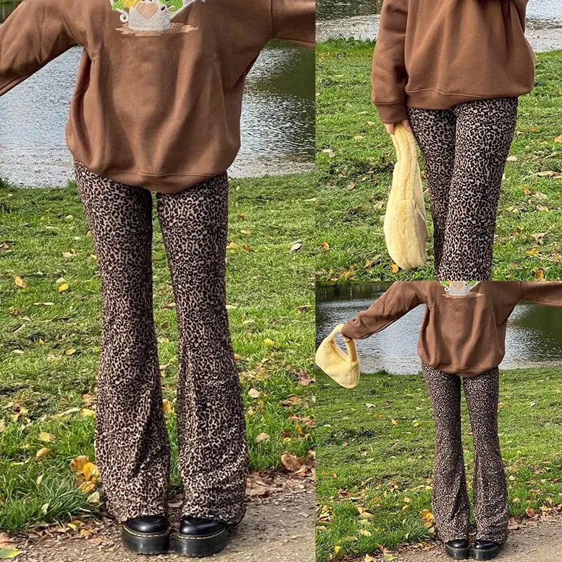 Джоггеры женские леопардовые Y2K расклешенные брюки с завышенной талией