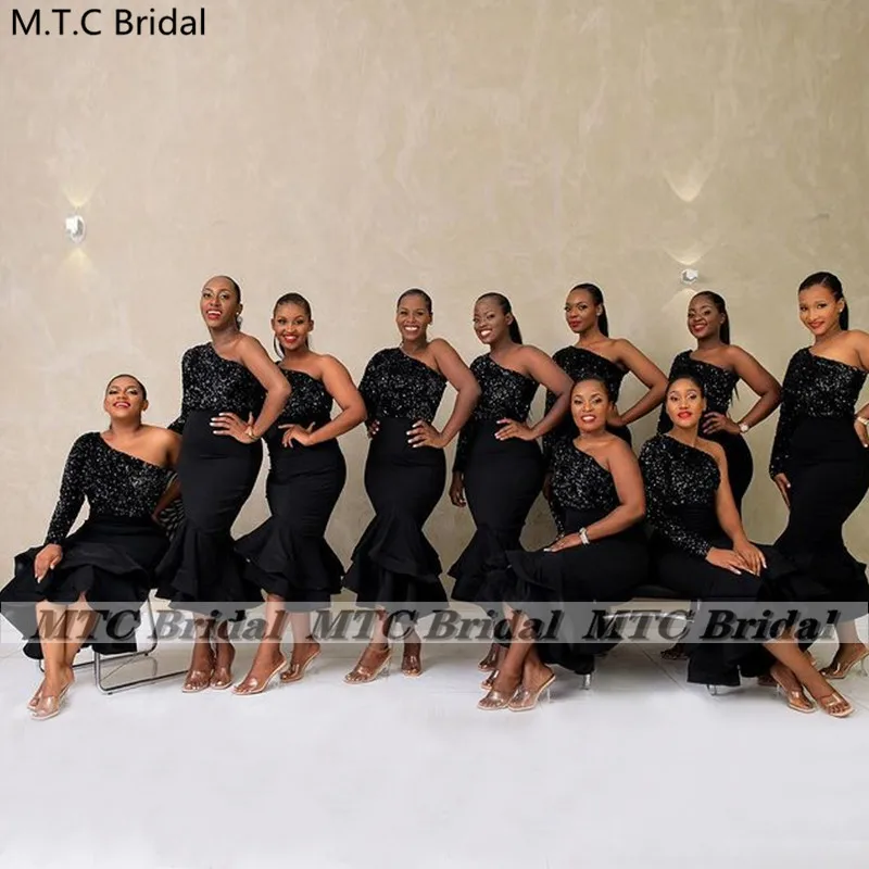 

One Shoulder Black Mermaid Short Bridesmaid Dresses Long Sleeve Glitter Sequins Satin African Maid Of Honor Party Gown Plus Size
