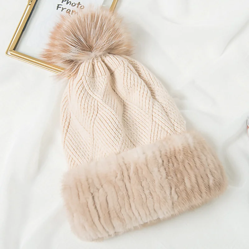 Модные зимние теплые женские Вязаные норковые шапки из лисьего меха тканые Новые