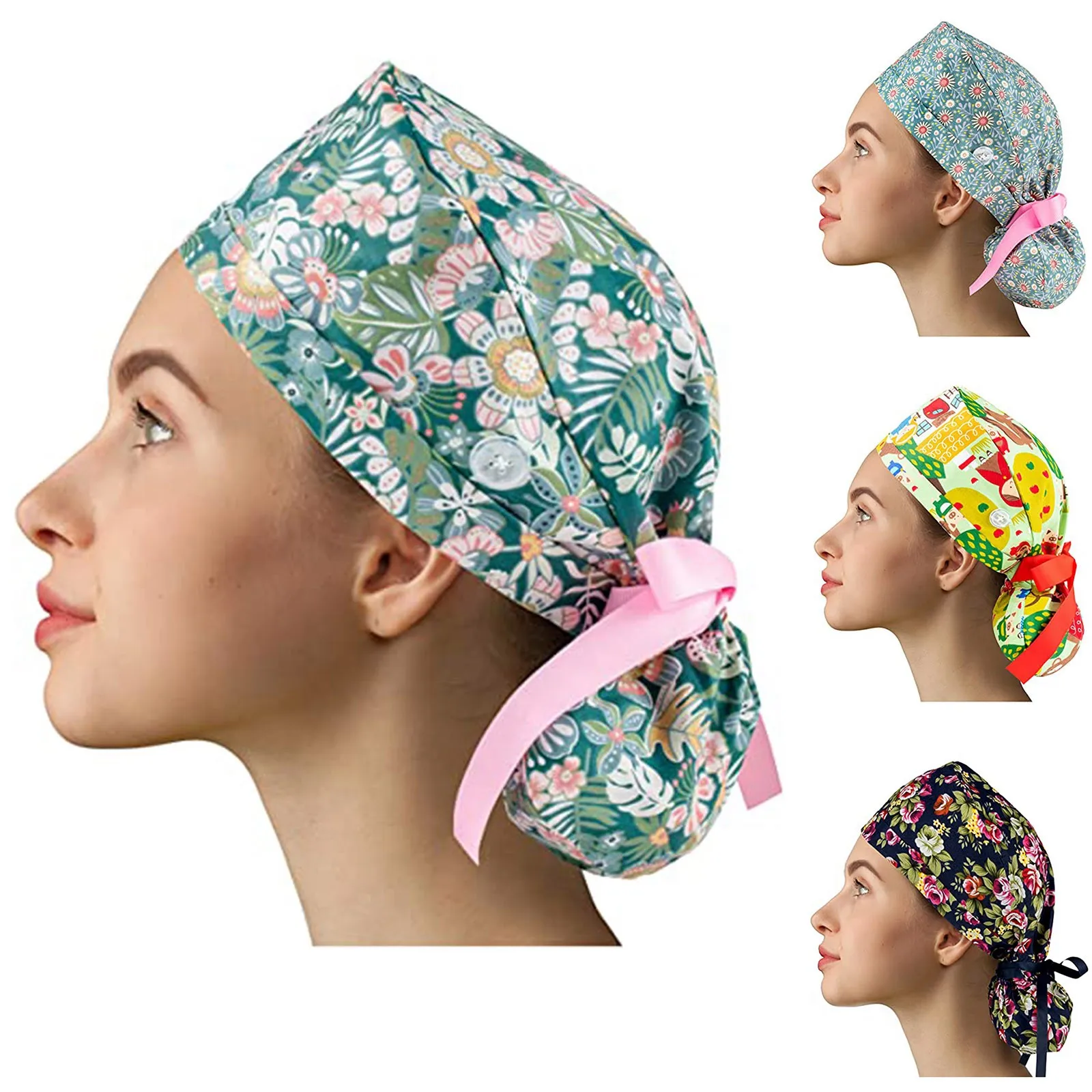 

Unisex Hats With Button Women Men Flower Printed Reuseable Casual Hats Bandage Adjustable Skullies Caps Washable Working Caps