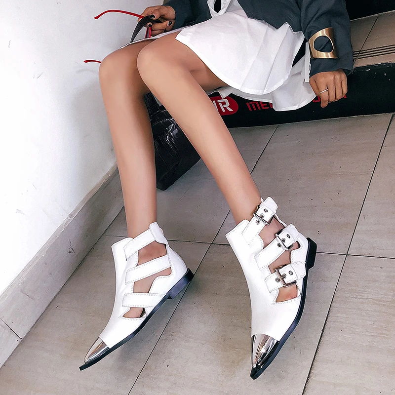 

Hot women's sandals super size fit for 22-26.5 cm length Genuine Leather Metal buckle metal pointed toe Full manual cool hot