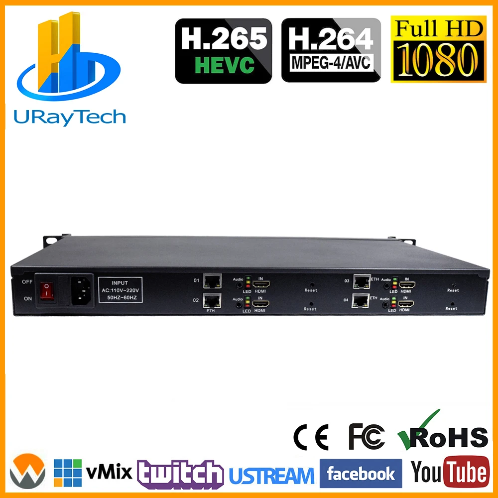 

1U Rack HEVC H.265 H.264 HDMI + CVBS RCA AV to IP Encoder HD SD Live Video Streaming Encoder with RTSP RTMP UDP HTTP HLS RTMPS