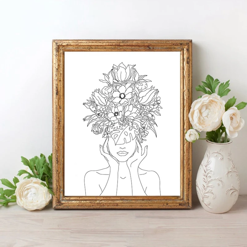 Абстрактная женщина цветок голова рисунок плакаты и принты черно-белые