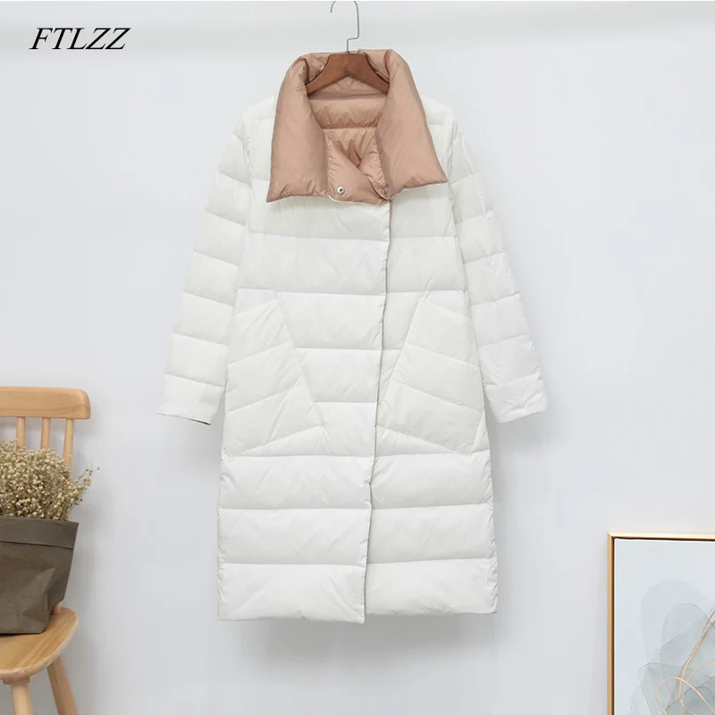 

FTLZZ Winter Women Double Sided 90% White Duck Down Coat Ultra Light Turtleneck Long Female Outwear Warm Snow Jacket