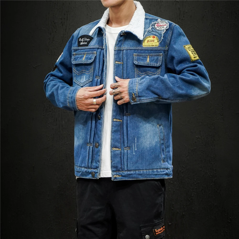

Джинсовая куртка мужская с лацканами, однотонная куртка из денима для отдыха, большие размеры, весна-осень