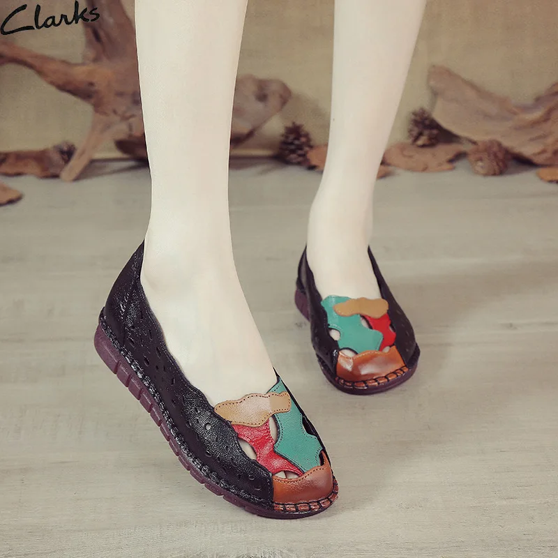 

GIYU Casual flat shoes women Genuine Leather 2021 summer new Ethnic style color matching Hollow Ladies mother Single shoes