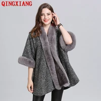 8 colors faux fox fur collar velvet cloak women loose cardigan winter warm thick outwear batwing sleeves plus size poncho coat