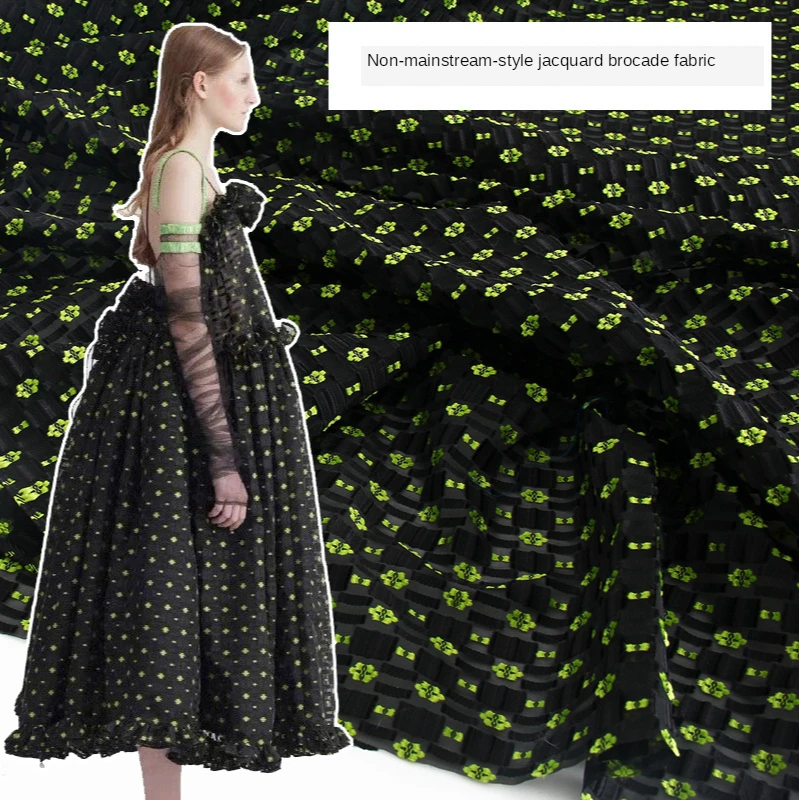 

European and American brand fashion personality tapestry jacquard black bottom small green flower clothing slightly stiff fabric
