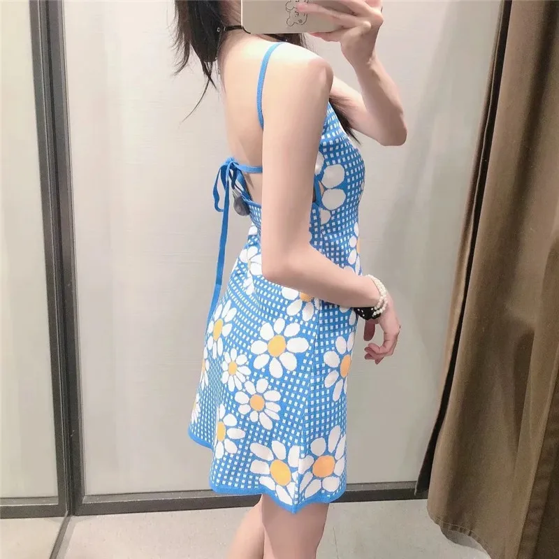 

PSEEWE Za Summer Slip Dress Woman Jacquard Blue Floral Knitted Mini Dress Women Cottagecore Strappy Sexy Backless Short Dresses