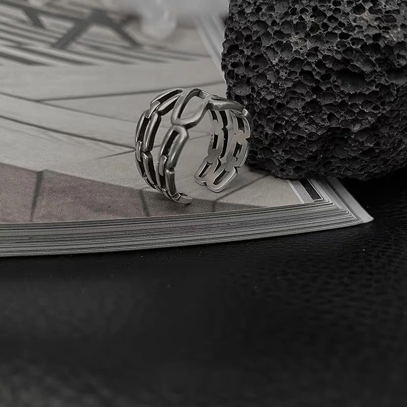 

Geometric Hollow Wide-faced Chain 925 Sterling Silver Jewelry Irregular Exquisite Opening Rings