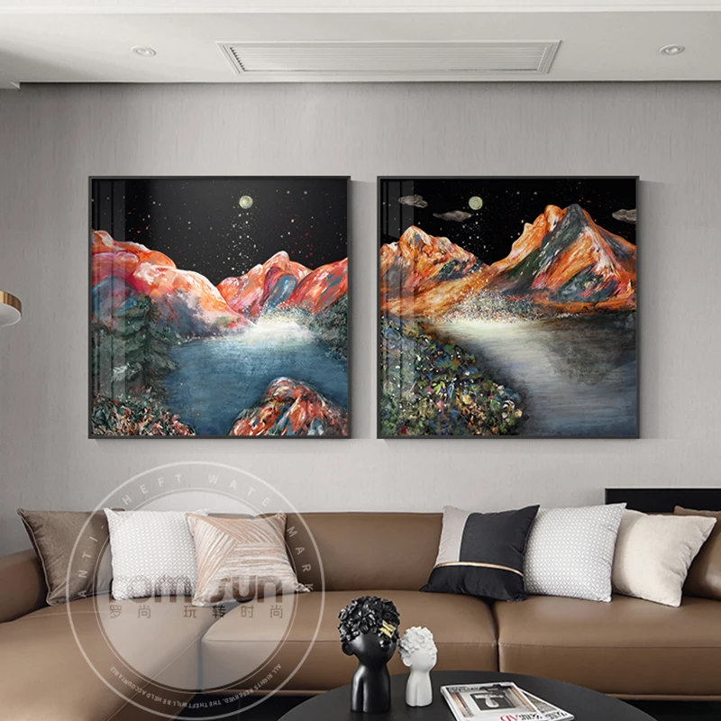 Красивый Ночной пейзаж Настенная картина для гостиной желтая и Красная Гора с