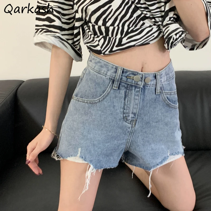 

Denim Shorts Women High Waist Hole Ripped Retro A-line Short Trousers Summer Ins Korean Loose Wide-leg Streetwear Hipsters Sexy