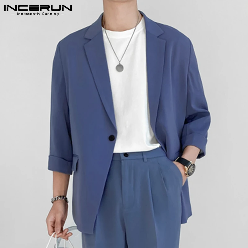 INCERUN Fashion Men Blazer Streetwear Solid Color Lapel 3/4 Sleeve One Button Leisure Suits Men 2022 Casual Thin Jackets S-5XL