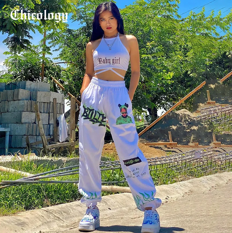 

Chicology 2021 Women Autumn Winter White Pants Green Girl Letter Fire Print Sport Loose High Waist Fashion Y2K Trousers