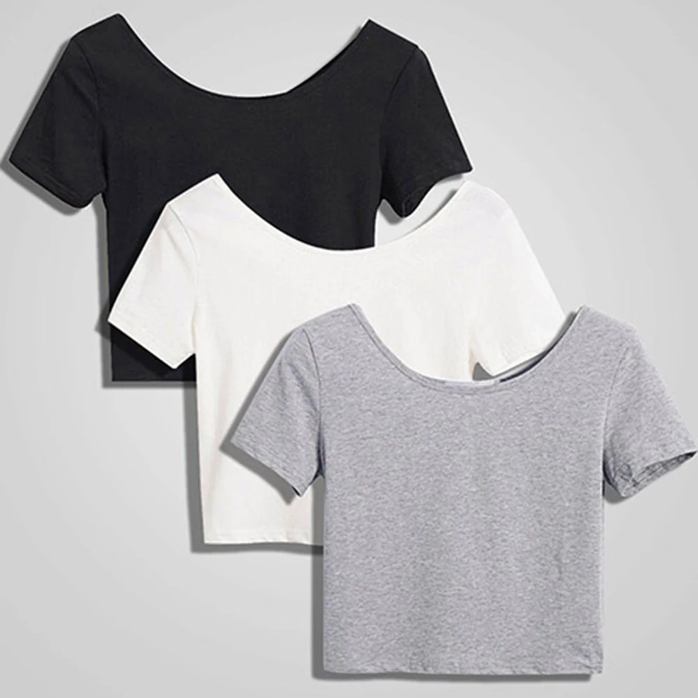 

Sexy Cropped Top Ladies Short Sleeve Tee Fashion Casual Tops Solid Women O Neck Clothing Summer Basic Simple Stretch T-shirts