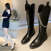 winter women knee high boots 2021 autumn pointed toe thick platform metal chain fashion black female chelsea boots career shoes