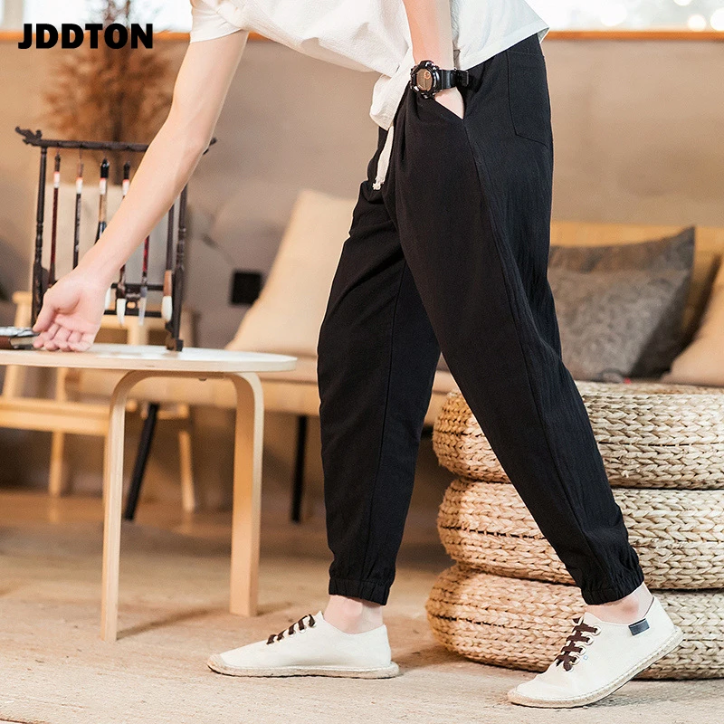 

JDDTON Summer Men's Cotton Linen Haram Pants Beam Foot Pant Casual Hip Hop Ankle Length Streetwear Male Breathable Trouser JE452