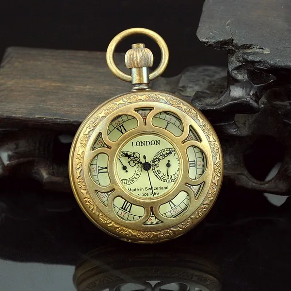 Two Sub-dials Mechanical Pocket Watch Hand Winding Bronze Copper Skeleton Back FOB Chain Vintage Retro Roman Numeral Clock