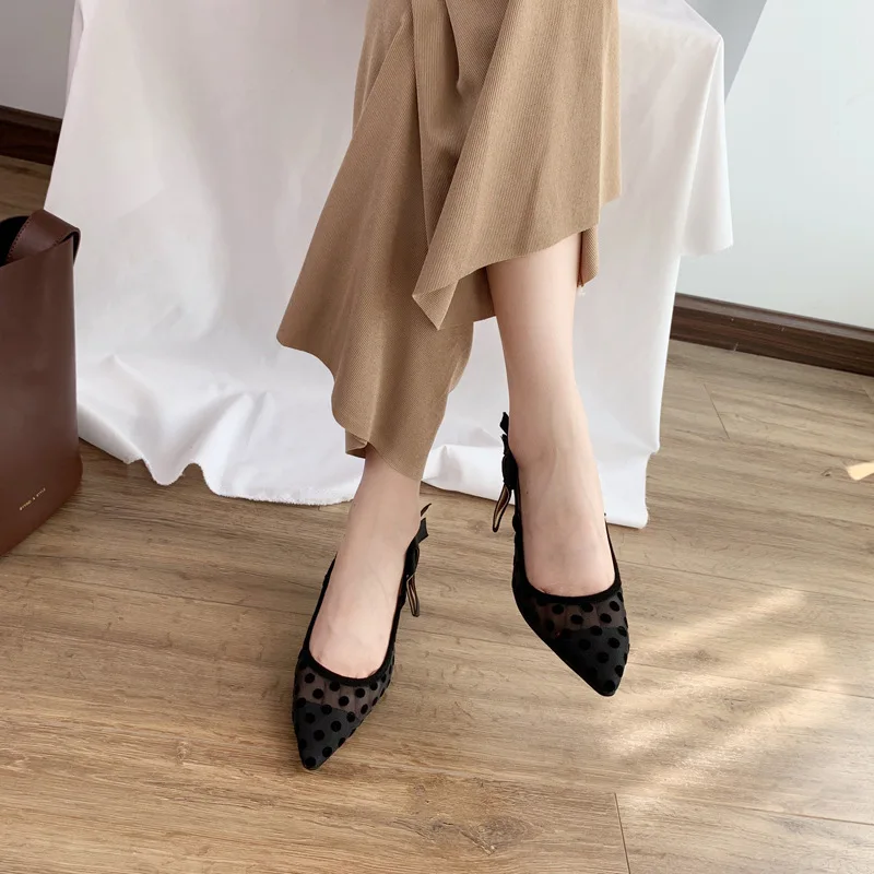 

Scarpin bow pumps mesh high heels black sandals 2021 sweet pointed toe 3 inch women slingback quality designer shoes polka dot42