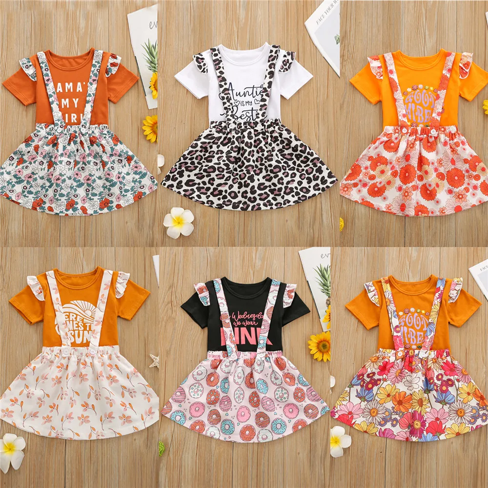 

1-6T Baby Girls Clothes Set Toddler Kids Letter Print Short Sleeve T-Shirt With Ruffles+Retro Floral/Leopard Suspender Skirt