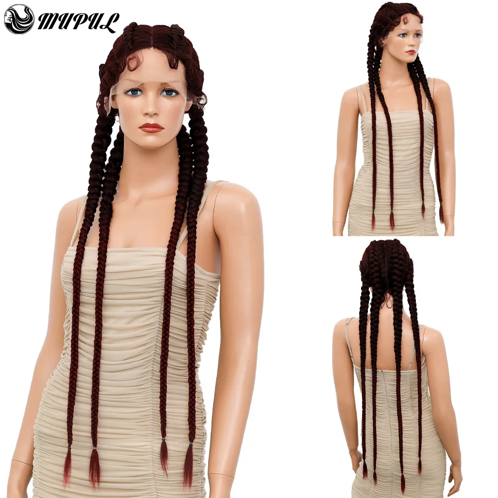 Red Braided Lace Front Wig Synthetic Wigs For Black Women 36 Inch 4 Long Box Braid wig with Baby Hair 360 Lace Frontal perruqu