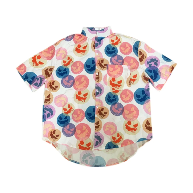 

Женская винтажная рубашка с коротким рукавом, свободная однобортная блузка с отложным воротником и мультяшным принтом со смайликом, больши...