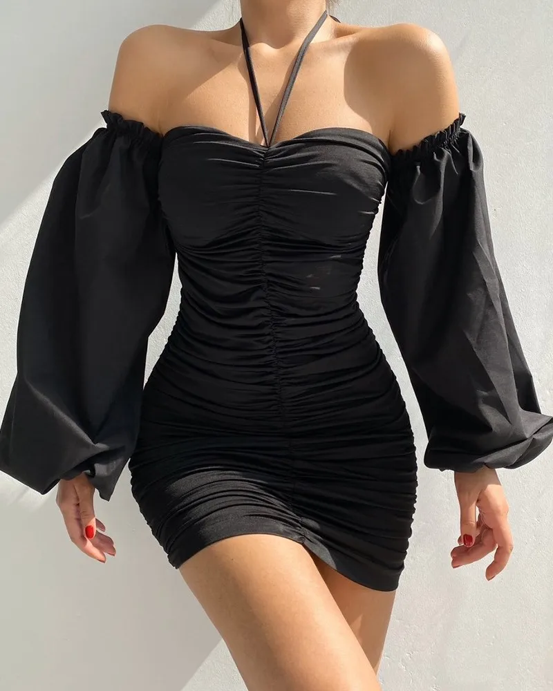 

2021 European and American Women's Summer Sling Pleated Waist Dresses Solid Color Halter Ruched Bodycon Dress