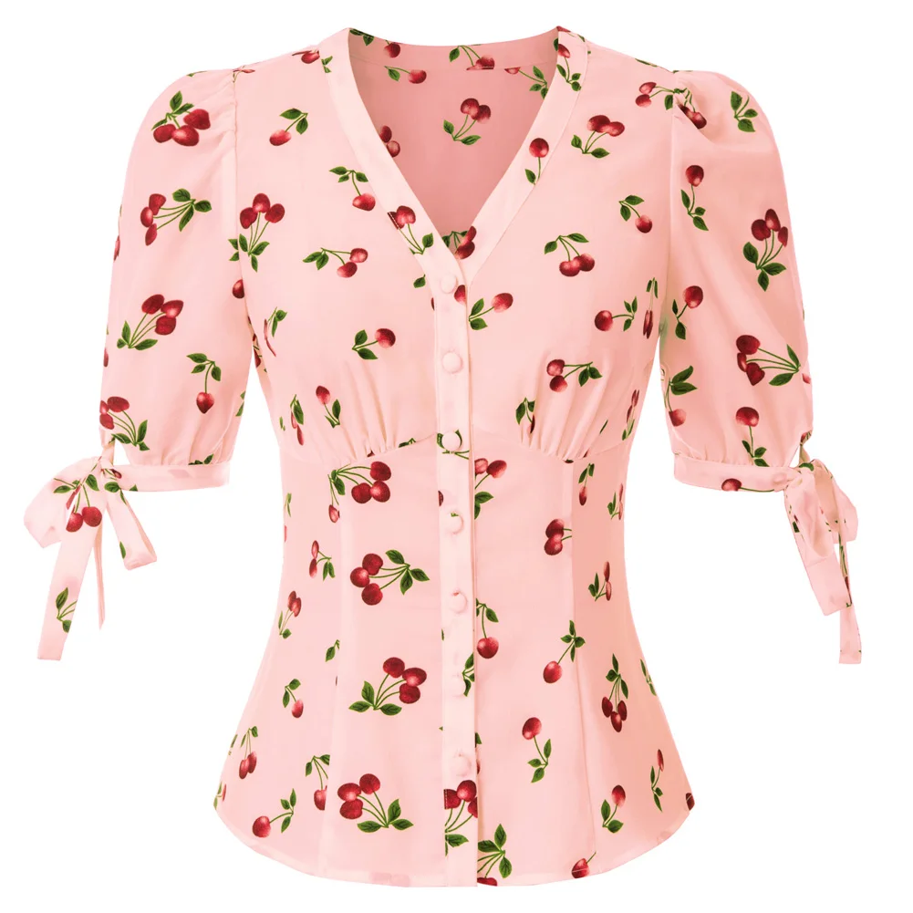 

Women's Shirt Cherries Pattern Tops Sleeves V-Neck Summer Floral print