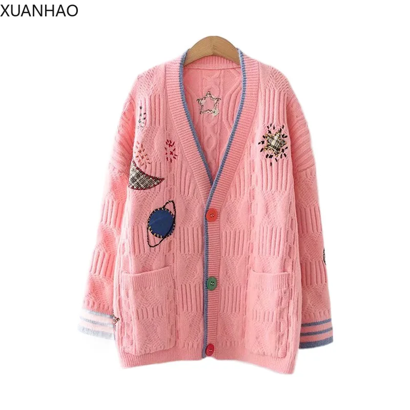 

Женский трикотажный однобортный Кардиган, винтажный Повседневный Кардиган с вышивкой в виде звездного неба, с длинным рукавом и V-образным ...