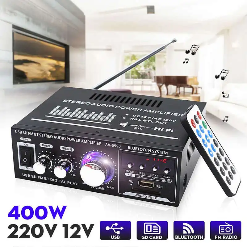 Lepy 12 В/220 В 400 Вт 2 канала Bluetooth Hifi стерео усилитель USB SD FM радио мощности