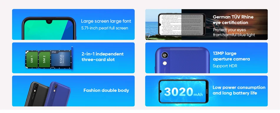 Новинка, Honor 8 Play, 32 Гб ПЗУ, 2 Гб ОЗУ, MT6761, четыре ядра, 13 МП камера, 3020 мАч, 5,71 дюйма, 19:9, полноэкранный смартфон