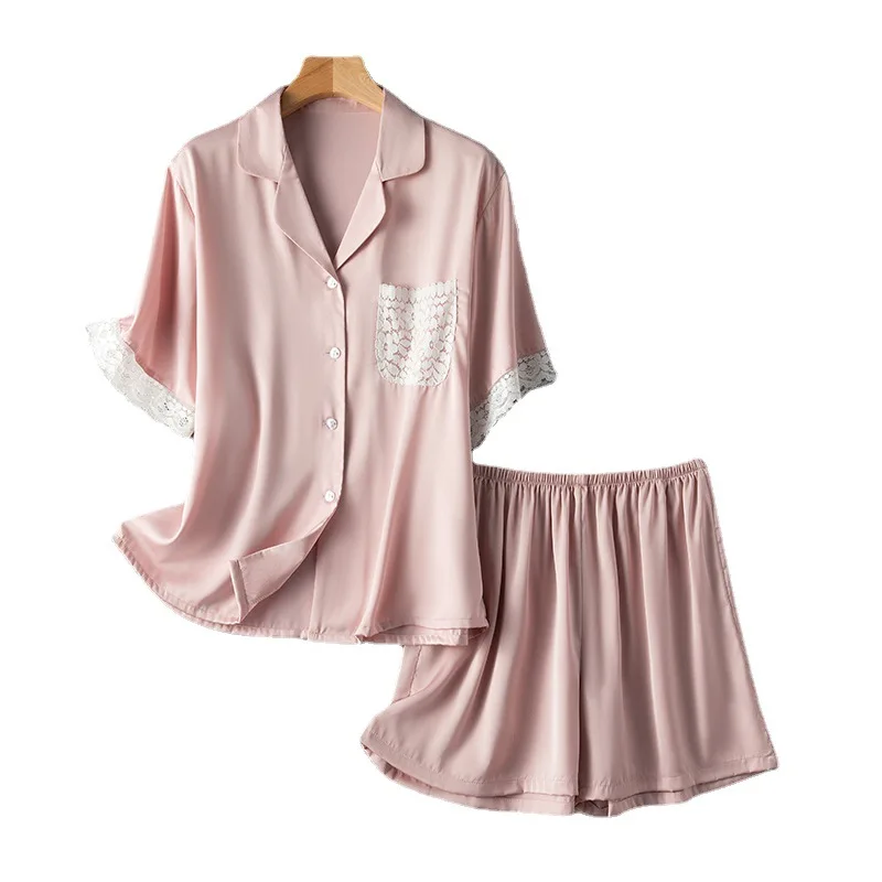 

Green Lace Pajamas Suit Summer New Satin 2PCS Loungerwear Women Lace Sleep Set With Pocket Casual Botton-down Pyjamas Nightwear