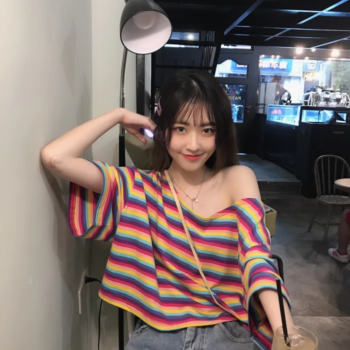 

Korean Style Women's Clothing Summer Loose Tees Fashion Brands Casual Tops Woman Striped O-neck Crop Top T Shirts New Hot