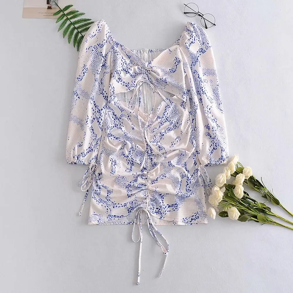 Женское платье с принтом белое синее повседневное треугольным вырезом и длинным