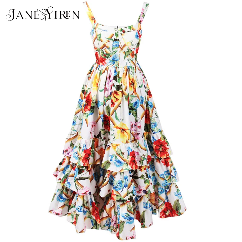 

Janeyiren Fashion Designer Runway Dress Women Spaghetti strap Backless Floral Print Ball Gown Cascading Ruffle Beach Dress