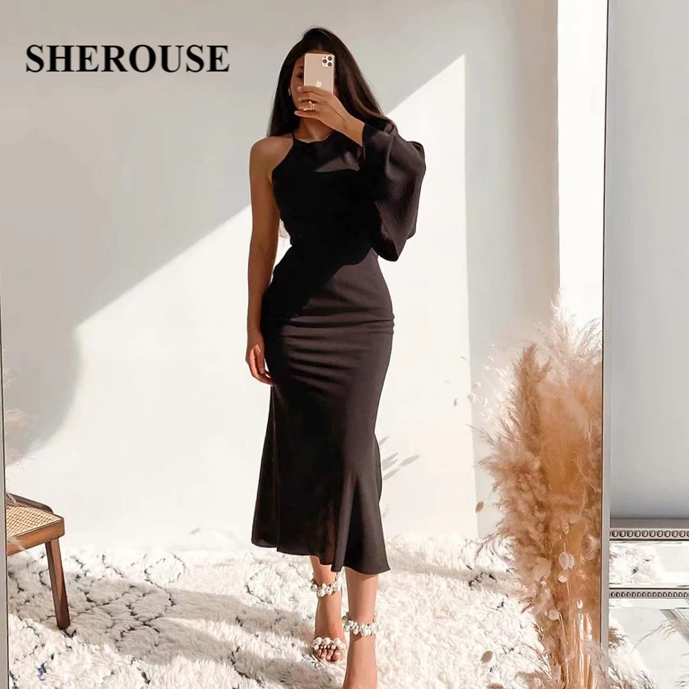 

SHEROUSE 2021, женское черное платье, шикарное ассиметричное, с одним широким рукавом, элегантное, для выпускного вечера, миди, длинные платья, жен...
