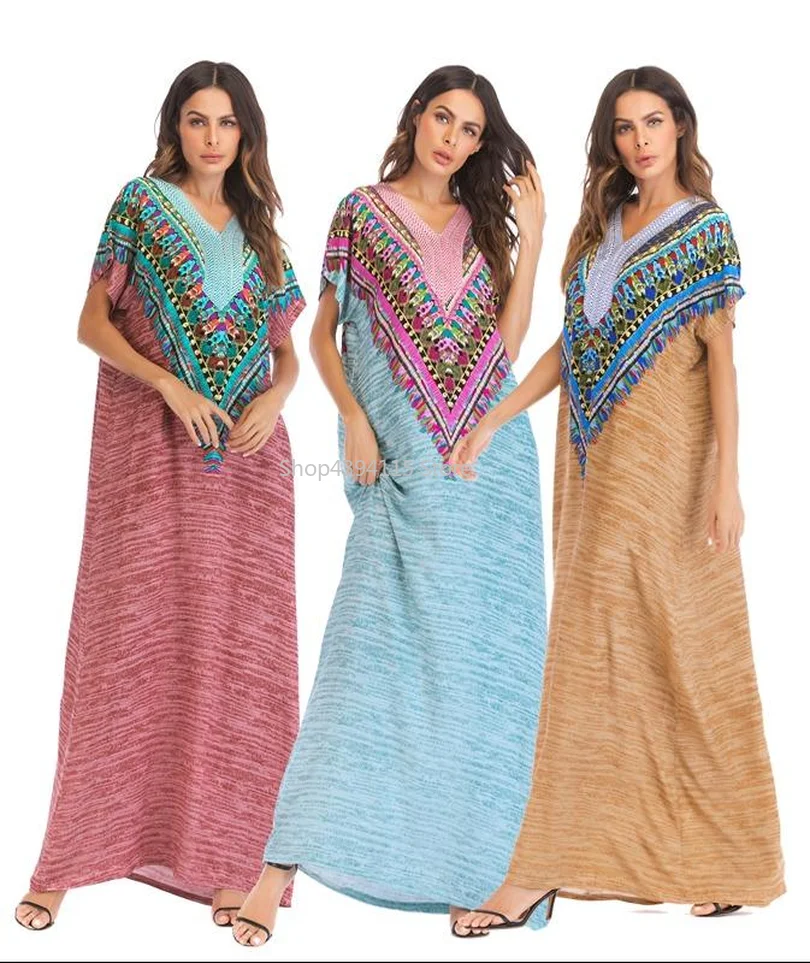 Женское мусульманское летнее макси платье с этническим вышивкой и кисточками