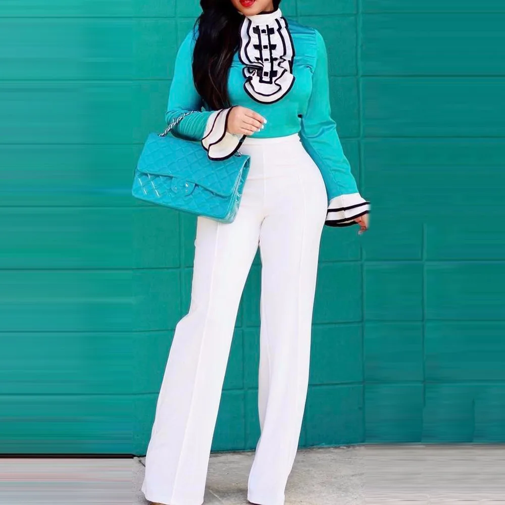 Модный офисный комплект из двух предметов блузка и штаны женская одежда осень 2020